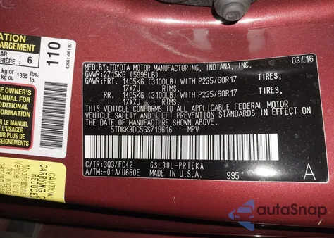 2016 Toyota Sienna Le 8 Passenger из США, поврежденный, VIN 5TDKK3DC5GS719616